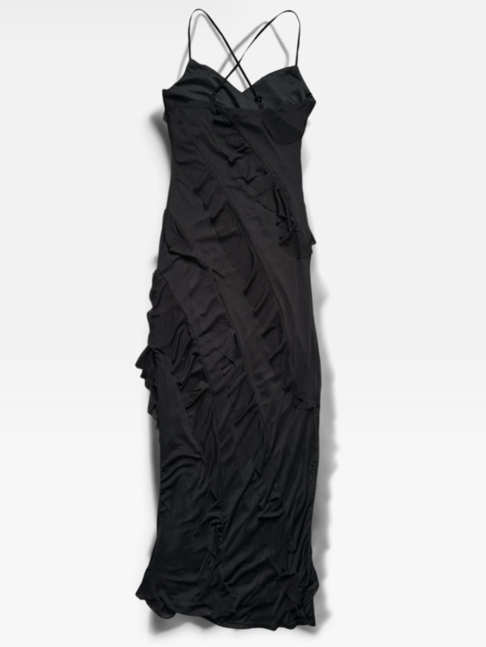 NWOT - Asymmetrical - Mesh Ruffle - Maxi Dress - Black- Size S - Picture 3 of 9